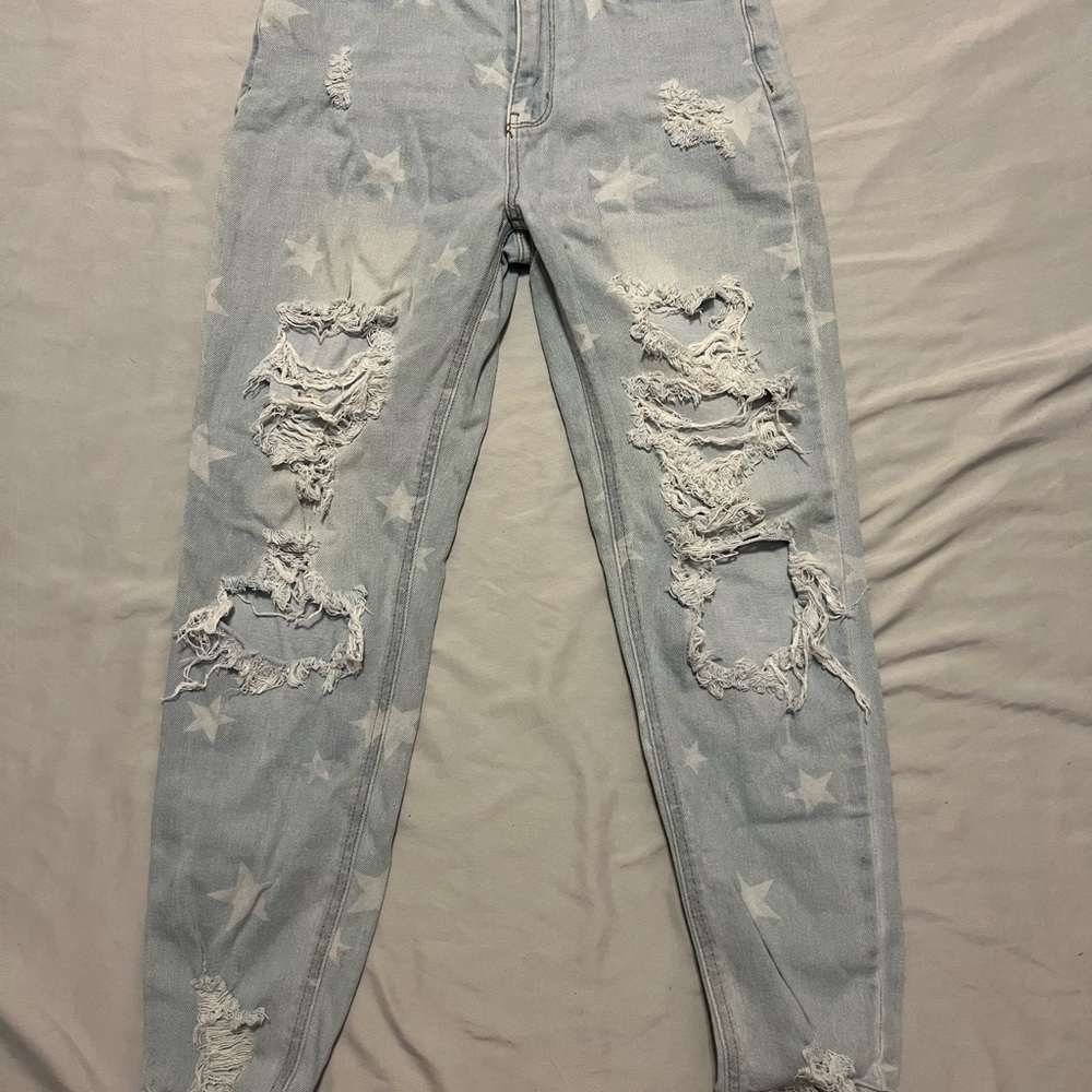 Distressed Star Patterned Light Blue Jeans